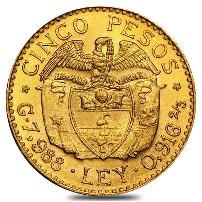 Colombia 5 Pesos Gold Coin Avg Circ AGW 0.2355 oz (1913-1930, Random Year)