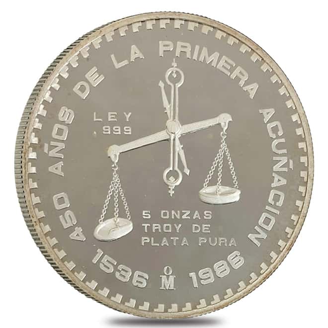 1986 5 oz Mexico Balancing Scale Silver Round .999 Fine