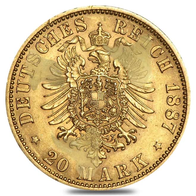 Germany Prussia 20 Marks Gold Coin (Abrasions,1871-1915,Random Year)