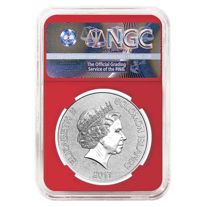 2017 1 oz Silver JFK Solomon Islands NGC MS 70 FDOI First Day of Issue (JFK Ask Not Label Red)