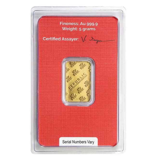 5 gram Republic Metals (RMC) Gold Bar .9999 Fine (In Assay)