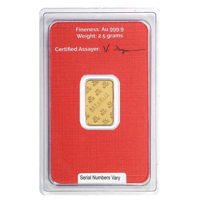 2.5 gram Republic Metals (RMC) Gold Bar .9999 Fine (In Assay)