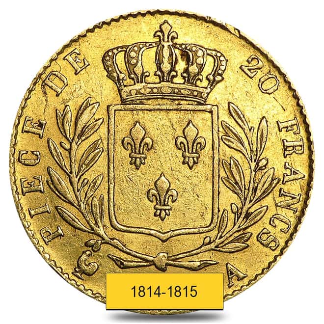 France Gold 20 Francs Louis XVIII Avg Circ AGW .1867 (Random Year,1814-1815)
