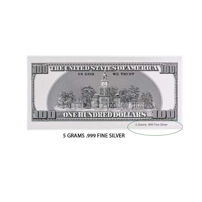 5 gram USA $100 Bill .999 Silver Banknote (Old)