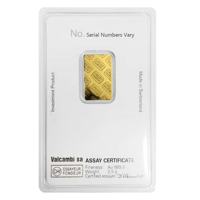 2.5 gram Credit Suisse Gold Bar .9999 Fine (In Assay)