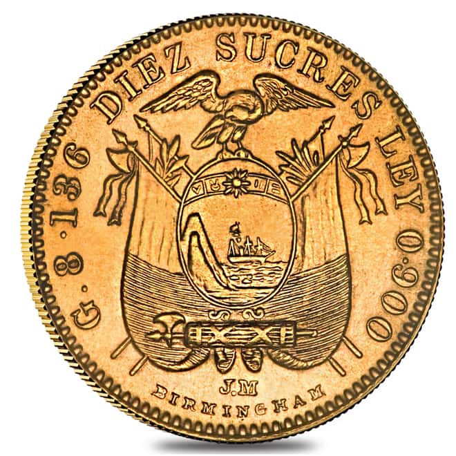 Ecuador 10 Sucres Gold Coin .2354 AGW Avg Circ (Random Year, 1899-1900)