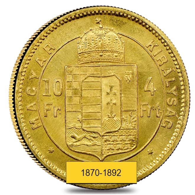 4 Forint/10 Francs Hungary Gold Coin AU/BU AGW .0933 oz (1870-1892, Random Year)