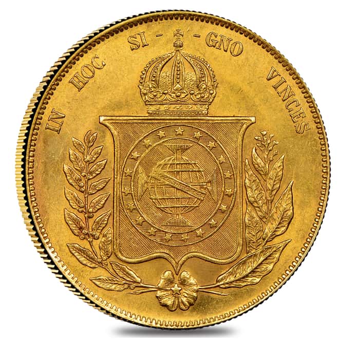 Brazil Gold 20,000 Reis Pedro II Coin AGW .5286 oz (1851-1889, Random Year) Avg Circ