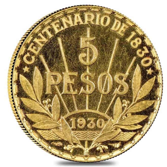 1930 Uruguay 5 Pesos Gold Coin Scruffy AGW .2501 oz