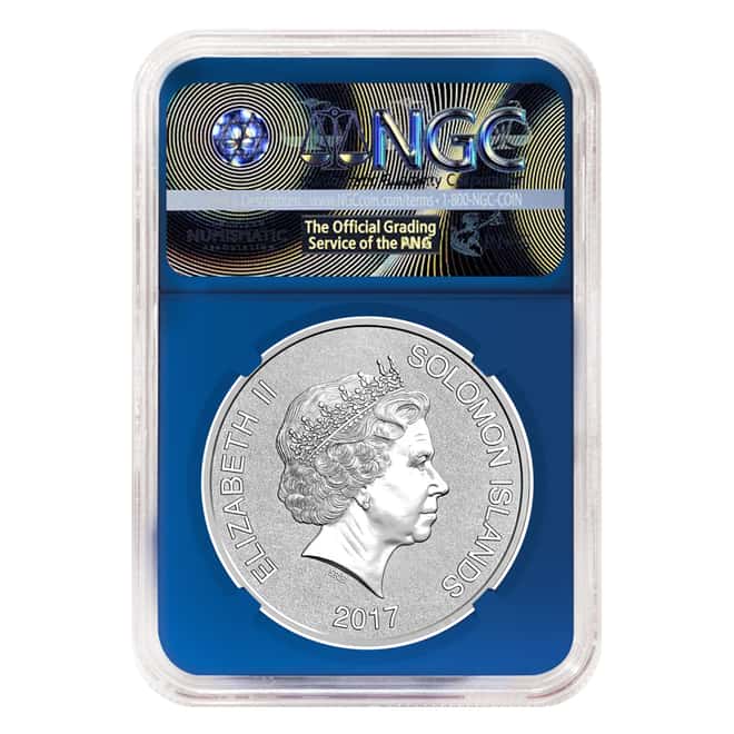 2017 1 oz Silver JFK Solomon Islands NGC MS 70 FDOI First Day of Issue (JFK Signature Label Blue)