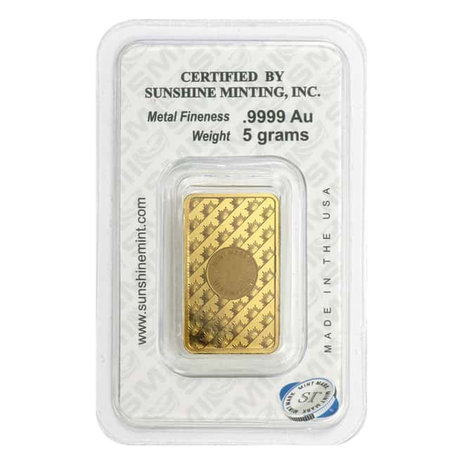 Sunshine Mint 5 gram Gold Bar .9999 Fine (In Assay)
