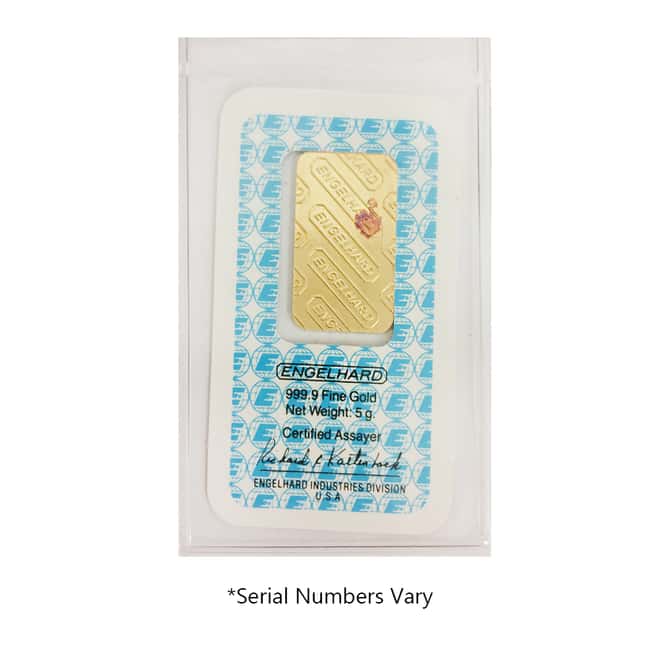 5 gram Engelhard Gold Vintage Bar .9999 Fine (In Assay)