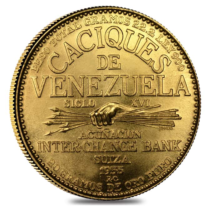 1955 Venezuela 60 Bolivares Indian Chiefs Gold Coin AGW .6424 oz Avg Circ (Random Design)