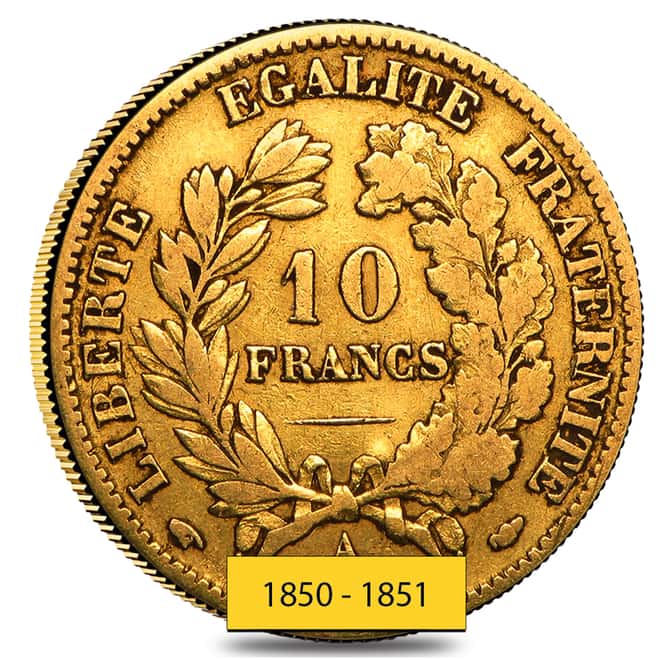 10 Francs France Early Head Ceres Gold Coin Avg Circ AGW .0933 oz (Random Year, 1850-1851)