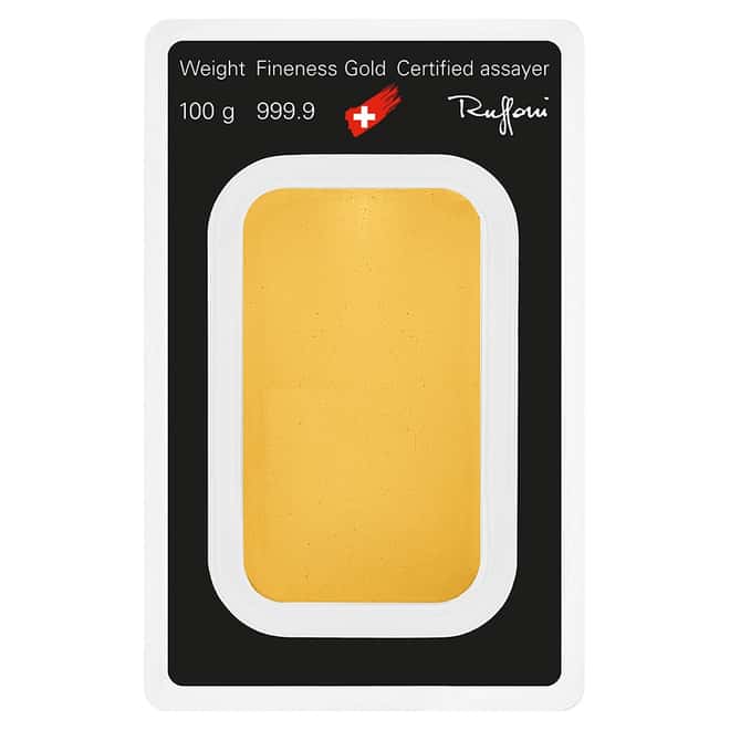 100 gram Argor Heraeus Gold Bar .9999 Fine (In Assay)