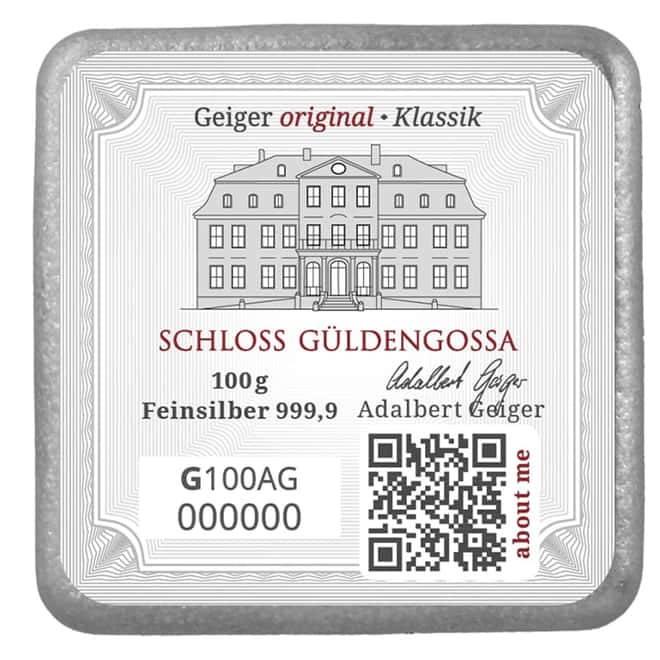 100 gram Geiger Original Cast Silver Bar .9999 Fine