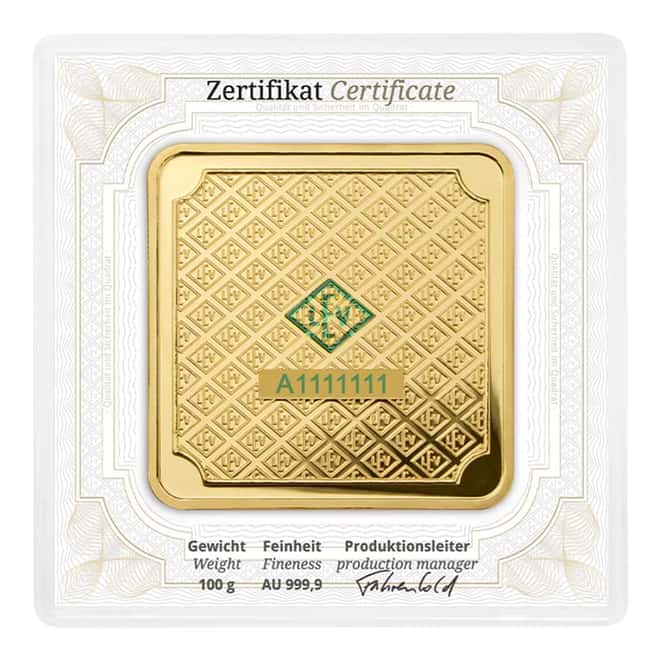 100 gram Geiger Original Square Gold Bar (In Assay)