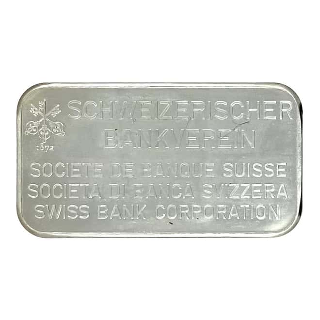 100 gram Swiss Bank Corporation MP Silver Vintage Bar .999 Fine