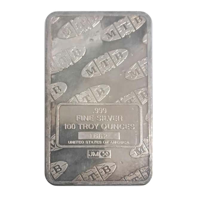 100 oz Johnson Matthey MTB Logo Statue of Liberty Silver Bar .999 Fine