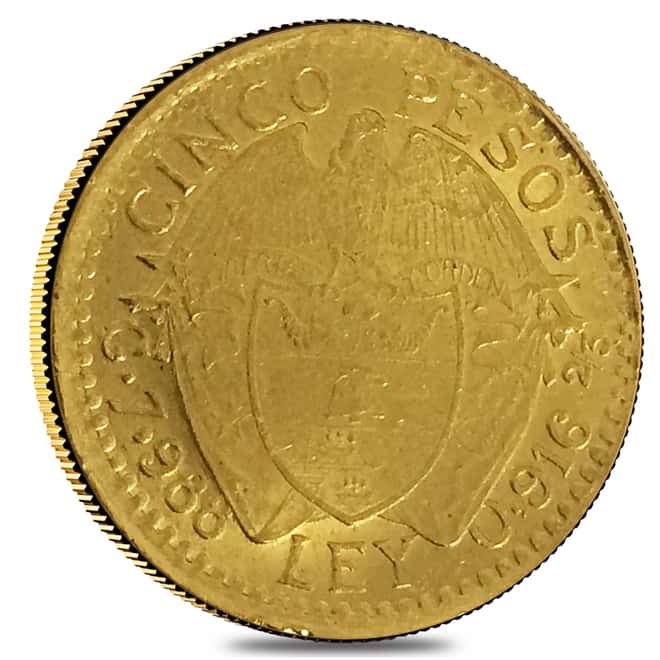 Colombia 5 Pesos Gold Coin Scruffy AGW 0.2355 oz (1913-1930, Random Year)