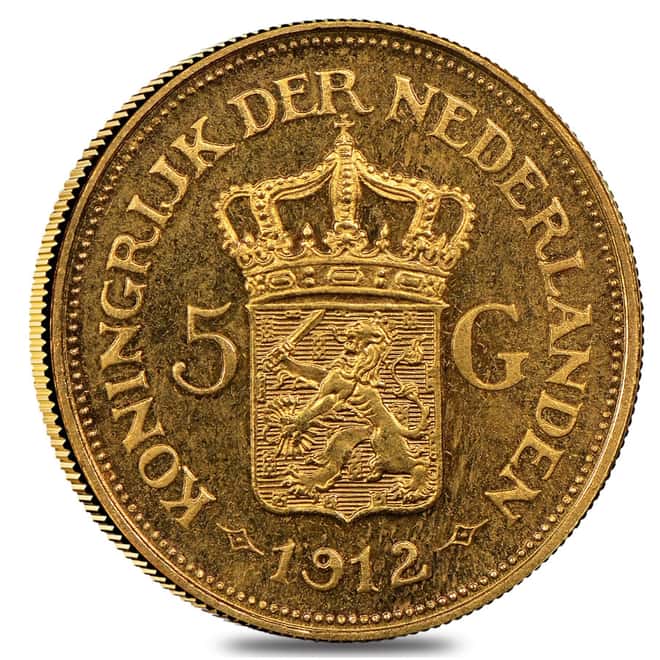 1912 Netherlands 5 Gulden Wilhelmina Gold Coin AU/BU AGW .0972 oz
