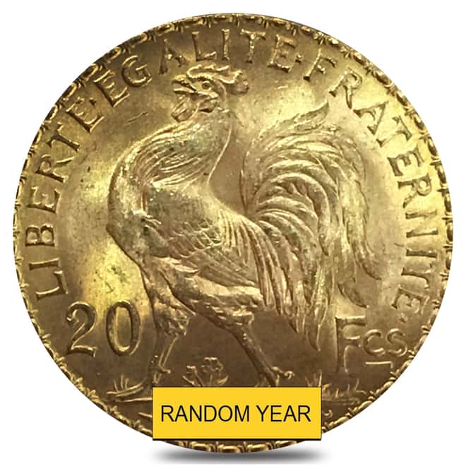 20 Francs French Rooster Gold Coin BU AGW .1867 oz (Random Year)