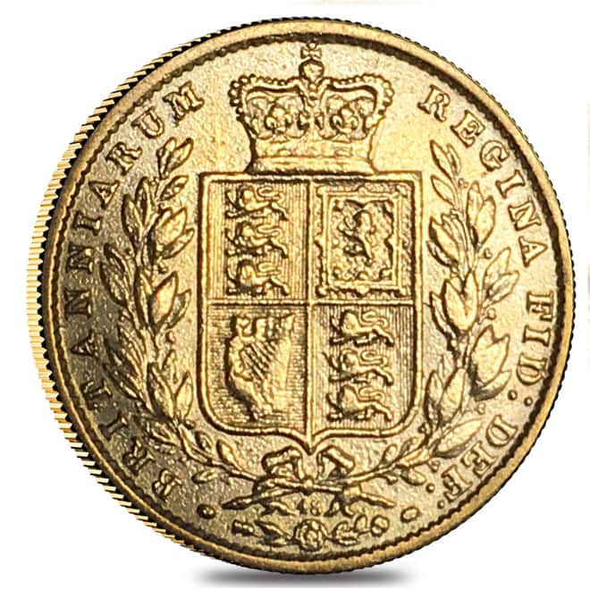 1838-1874 British Gold Sovereign Victoria Young Head Shield (Abrasions)