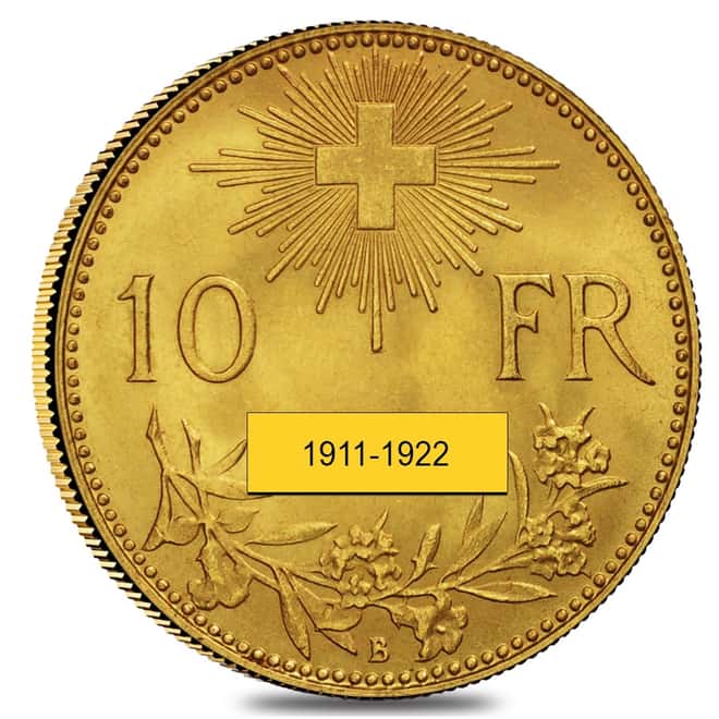 10 Francs Gold Swiss Helvetia Vreneli AGW .0933 oz AU/BU (1911-1922, Random Year)