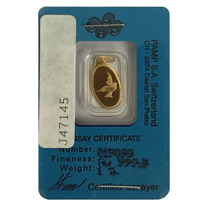 1 Gram PAMP Suisse Gold Dove Oval Pendant .9999 Fine (In Assay)