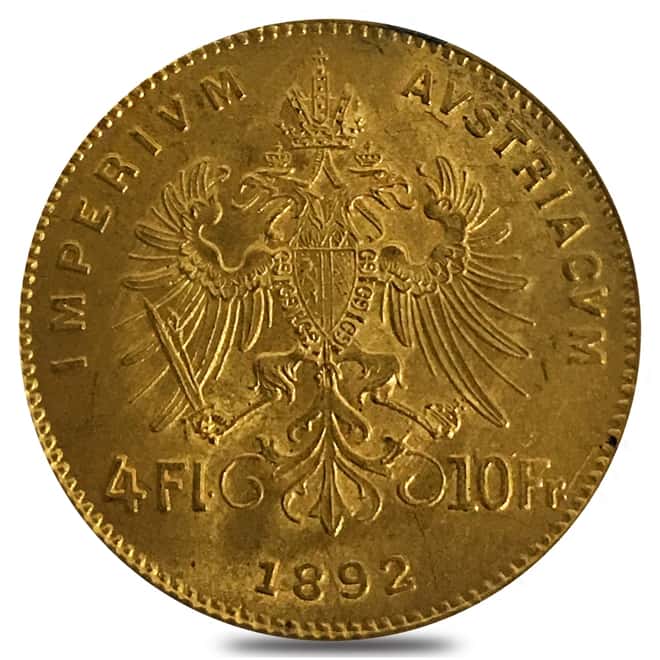 1892 Austria Gold 4 Florins/10 Francs AGW .0933 oz AU/BU (Restrike)