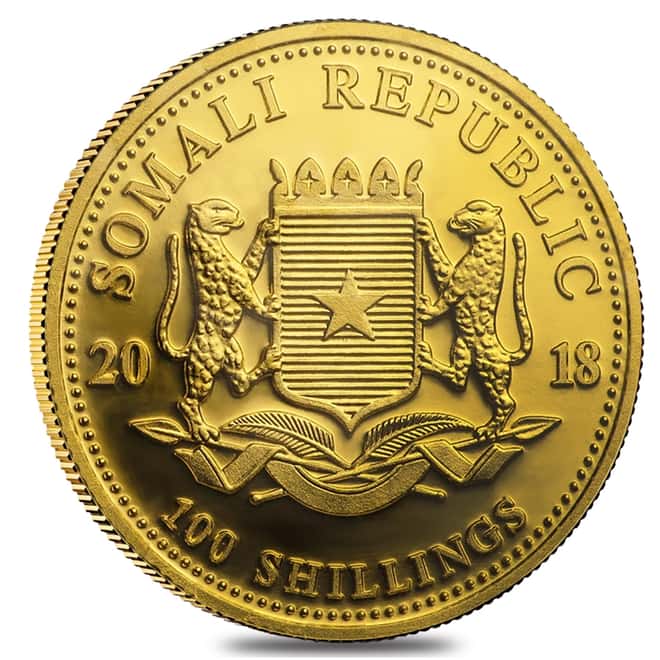 2018 Somalia 1/10 oz Gold African Elephant BU 100 Shillings (Sealed)