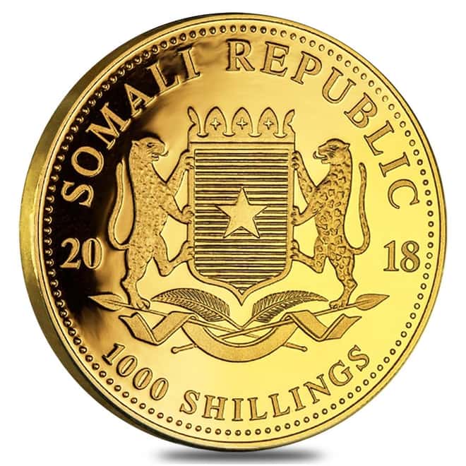 2018 Somalia 1 oz Gold African Elephant BU 1000 Shillings In Cap