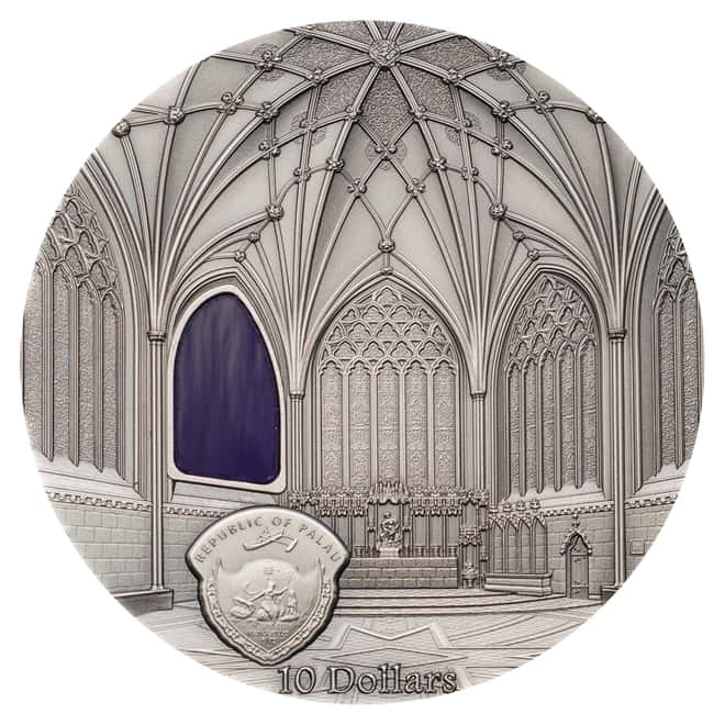 2017 2 oz Palau Tiffany Art Wells Cathedral Antiqued Silver Coin $10 .999 Fine (w/Box&COA)