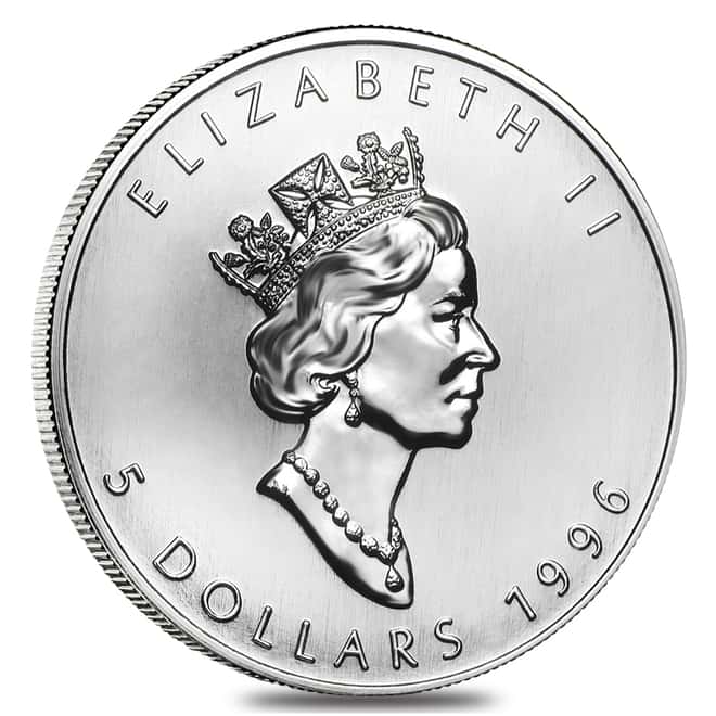 1996 1 oz Silver Canadian Maple Leaf .9999 Fine $5 Coin BU (Sealed)