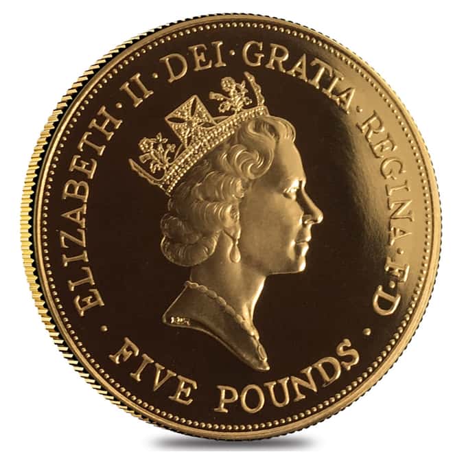 1990 Great Britain 5 Pounds Queen Mother Proof Gold Coin AGW 1.1775 oz (In Cap)