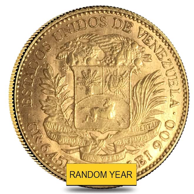 Venezuela 20 Bolivares Gold Coin AGW .1867 oz AU/BU (Random Year)