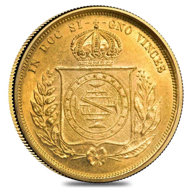 10,000 Reis Brazil Pedro II Gold Coin Avg Circ AGW .2643 oz (1853-1889, Random Year)