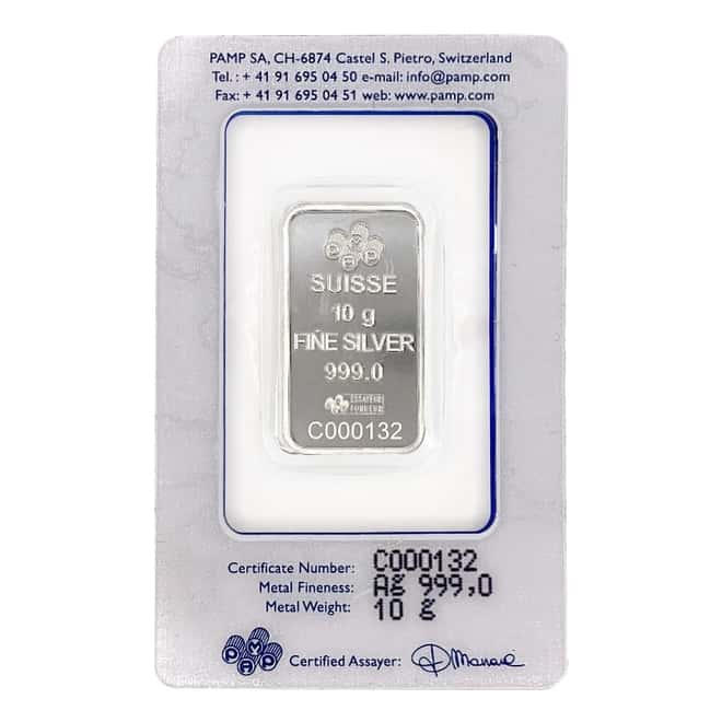 10 gram Silver Bar PAMP Suisse - Statue of Liberty .999 Fine (In Assay)