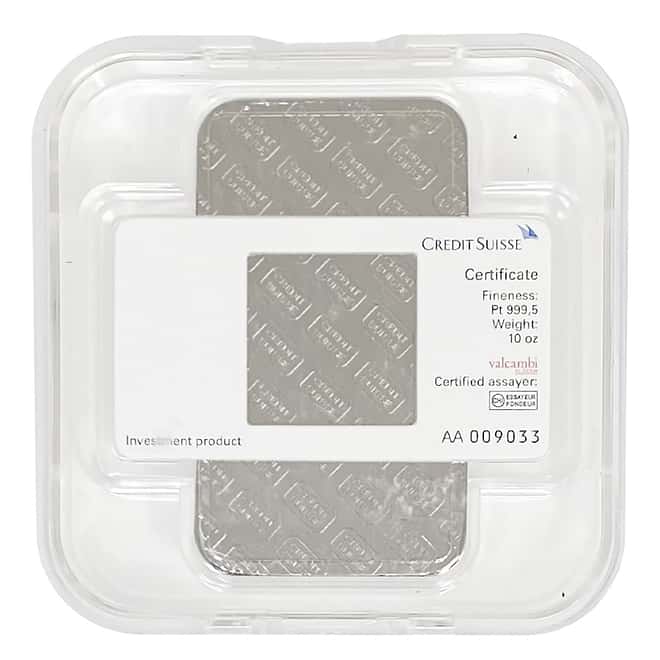 10 oz Credit Suisse Platinum Bar .9995 Fine (w/Assay)