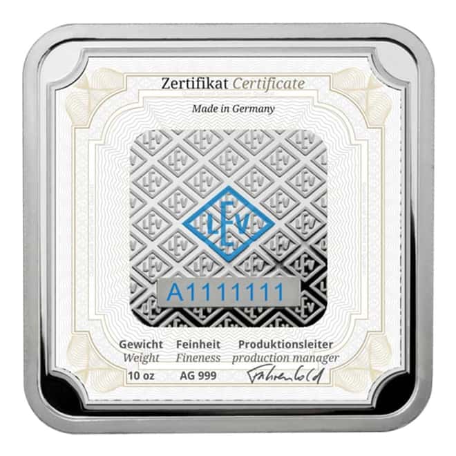 10 oz Geiger Original Square Silver Bar .999 Fine (In Assay)