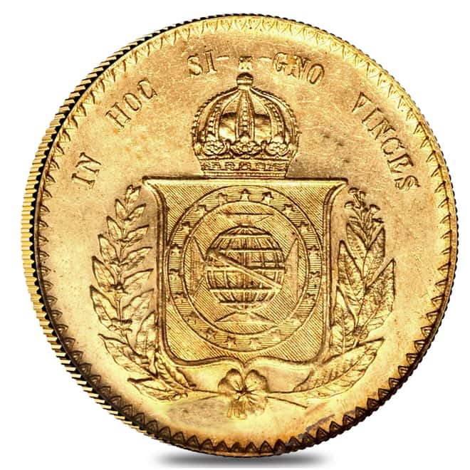 Brazil Gold 20,000 Reis Pedro II Coin AGW .5286 oz (1851-1889, Random Year) Cleaned