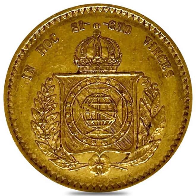 1851-1889 Brazil 20,000 Reis Gold Coin Pedro II Avg Circ (Random Year)