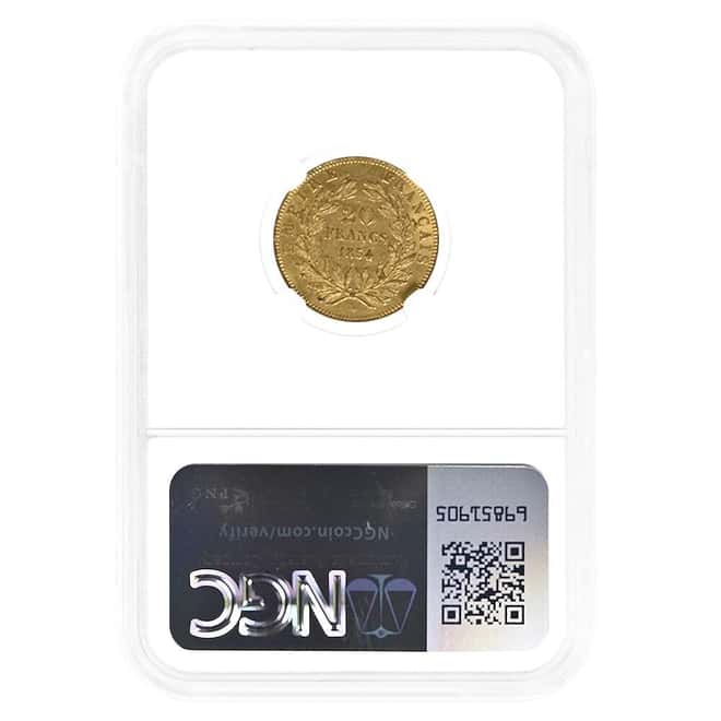 1854-A France 20 Francs Napoleon III Gold Coin NGC AU 55 Mint Error Obverse Lamination