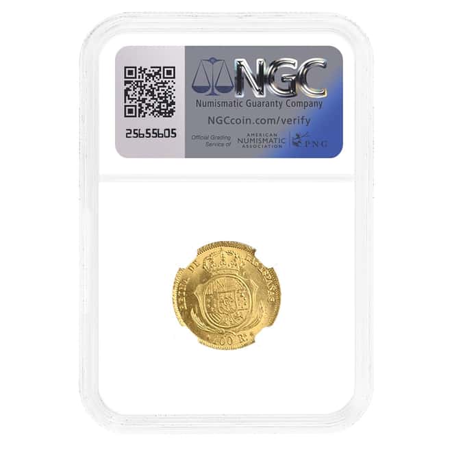 1855 Spain Seville 100 Reales Isabel II Gold Coin NGC MS 61
