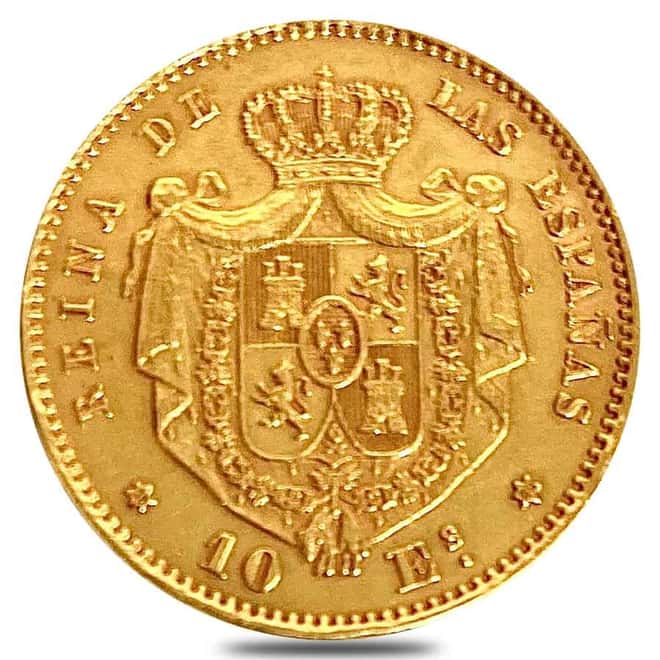 1865 - 1868 Spain 10 Escudos Isabel II Gold Coin AGW .2427 oz Ex-Jewelry (Random Year)