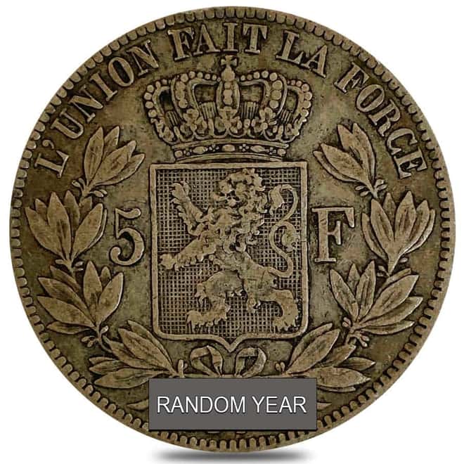 1865-1876 Belgium 5 Francs Silver Coin Avg Circ ASW .7234 oz (Random Year)