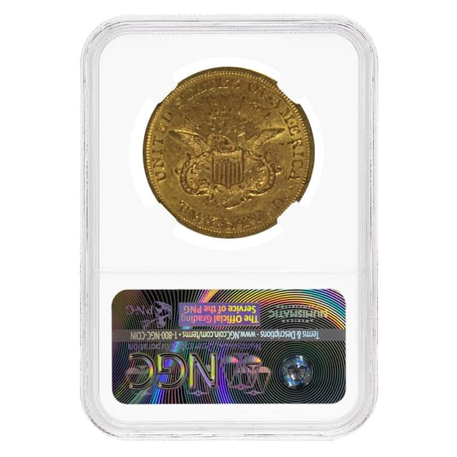 1865 $20 Liberty Head Double Eagle Gold Coin NGC AU 55 CAC