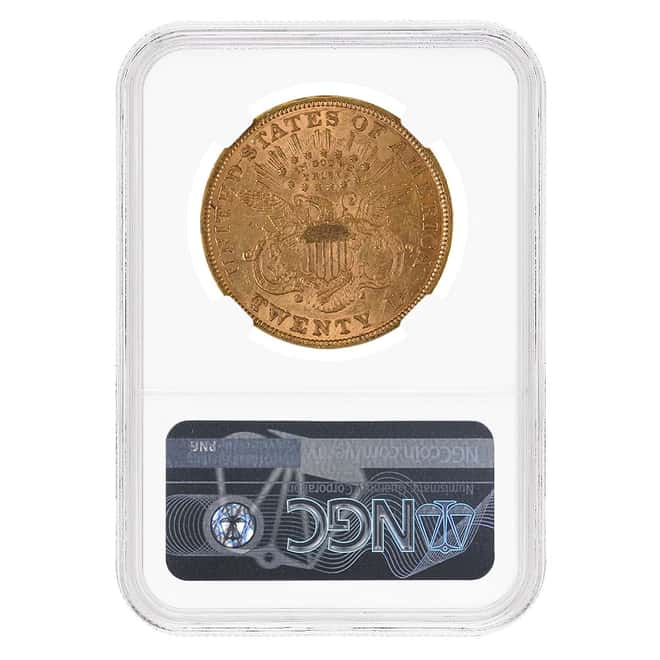 1866 $20 Liberty Head Double Eagle Gold Coin Motto NGC AU Details