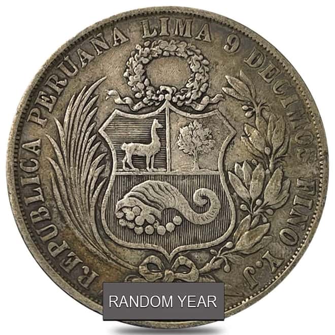 1868 - 1875 Peru 1 Sol Silver Coin Avg Circ ASW .7234 oz (Random Year)
