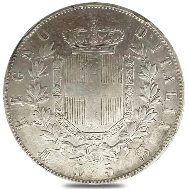 1869-1875 Italy 5 Lire Silver Coin Avg Circ (Random Year)